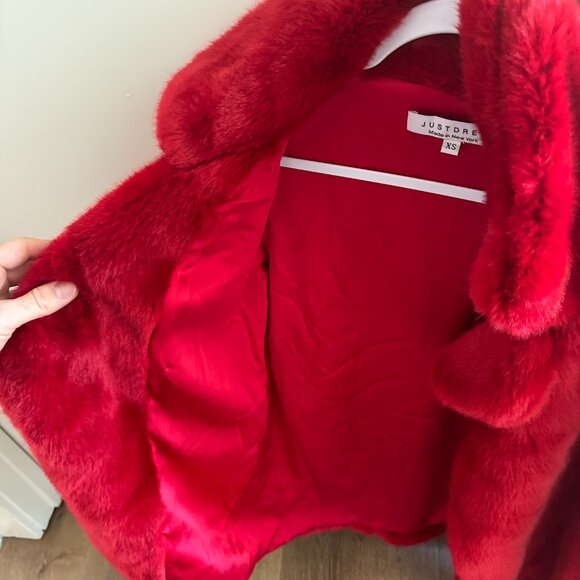 Just Drew NYC Red Faux Fur Coat XS - Picture 3 of 5